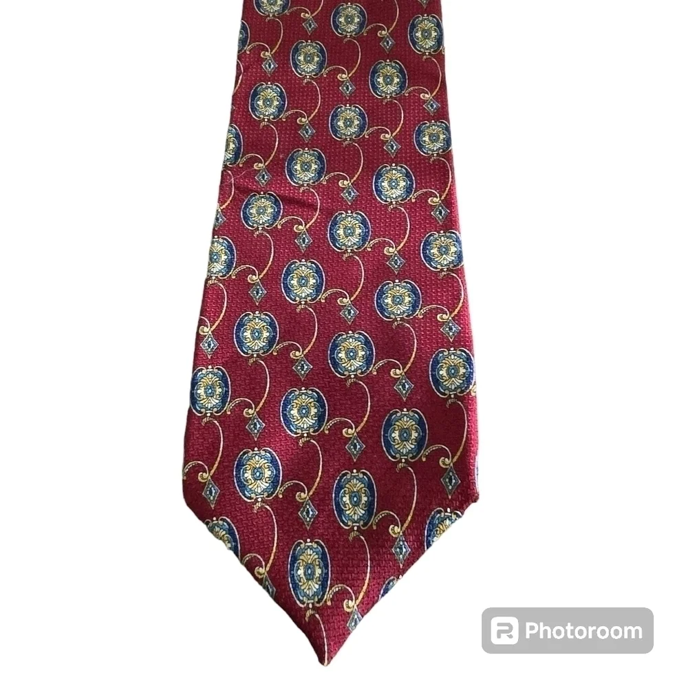 Vintage 90s Mark Alexander Deep Red Gold Artsy Print Silk Neck Tie